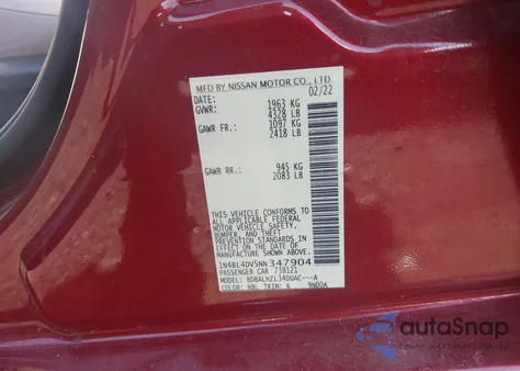 2022 Nissan Altima Sv z USA, uszkodzony, nr VIN 1N4BL4DV5NN347904